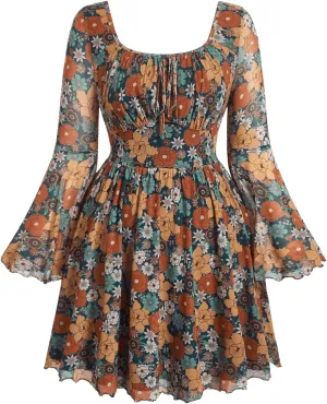 Women's Plus Size Floral Print Mesh Dress Ruffle Hem Boho Dress Ruched Long Bell Sleeve A Line Mini Dresses