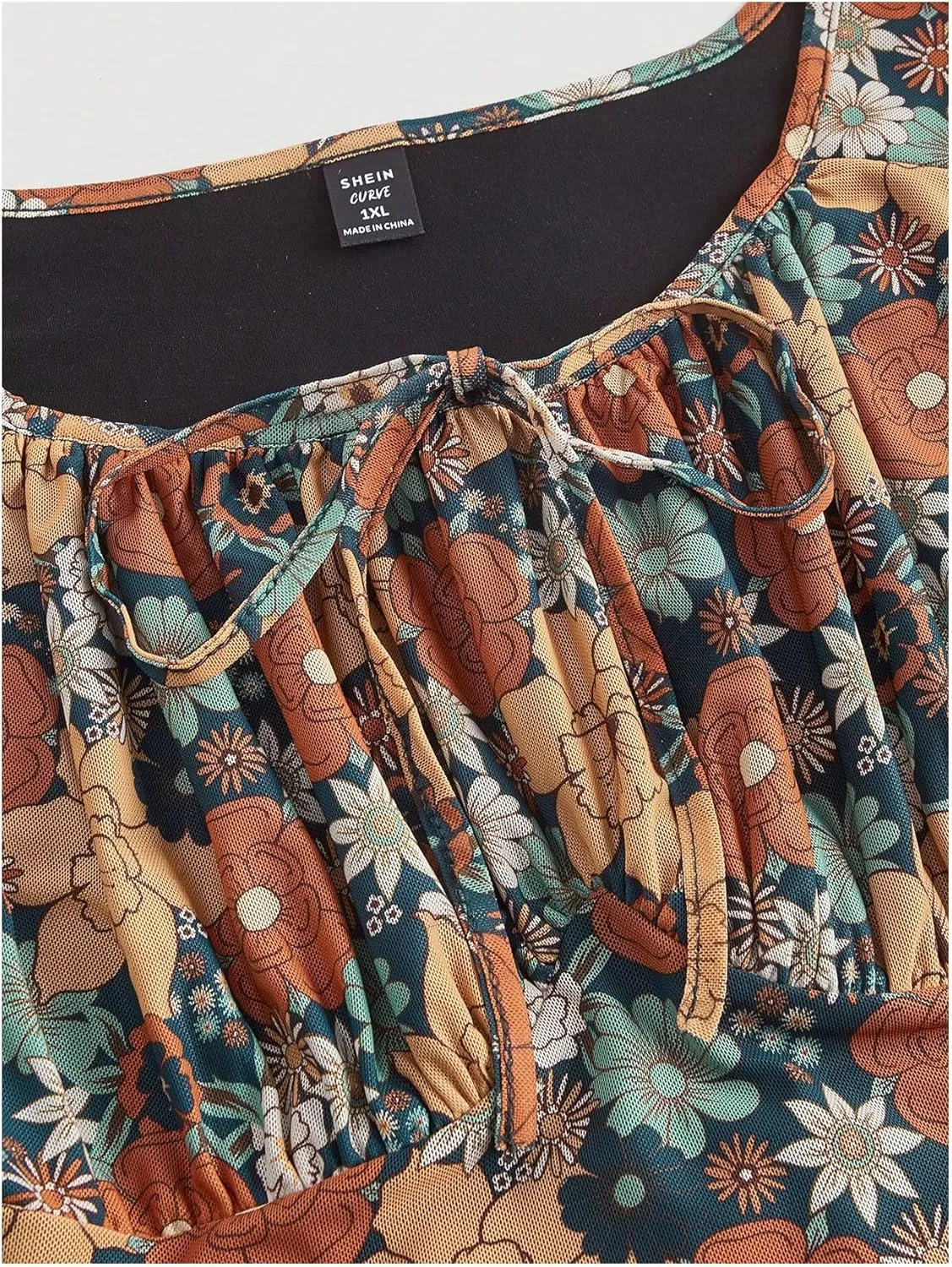 Women's Plus Size Floral Print Mesh Dress Ruffle Hem Boho Dress Ruched Long Bell Sleeve A Line Mini Dresses