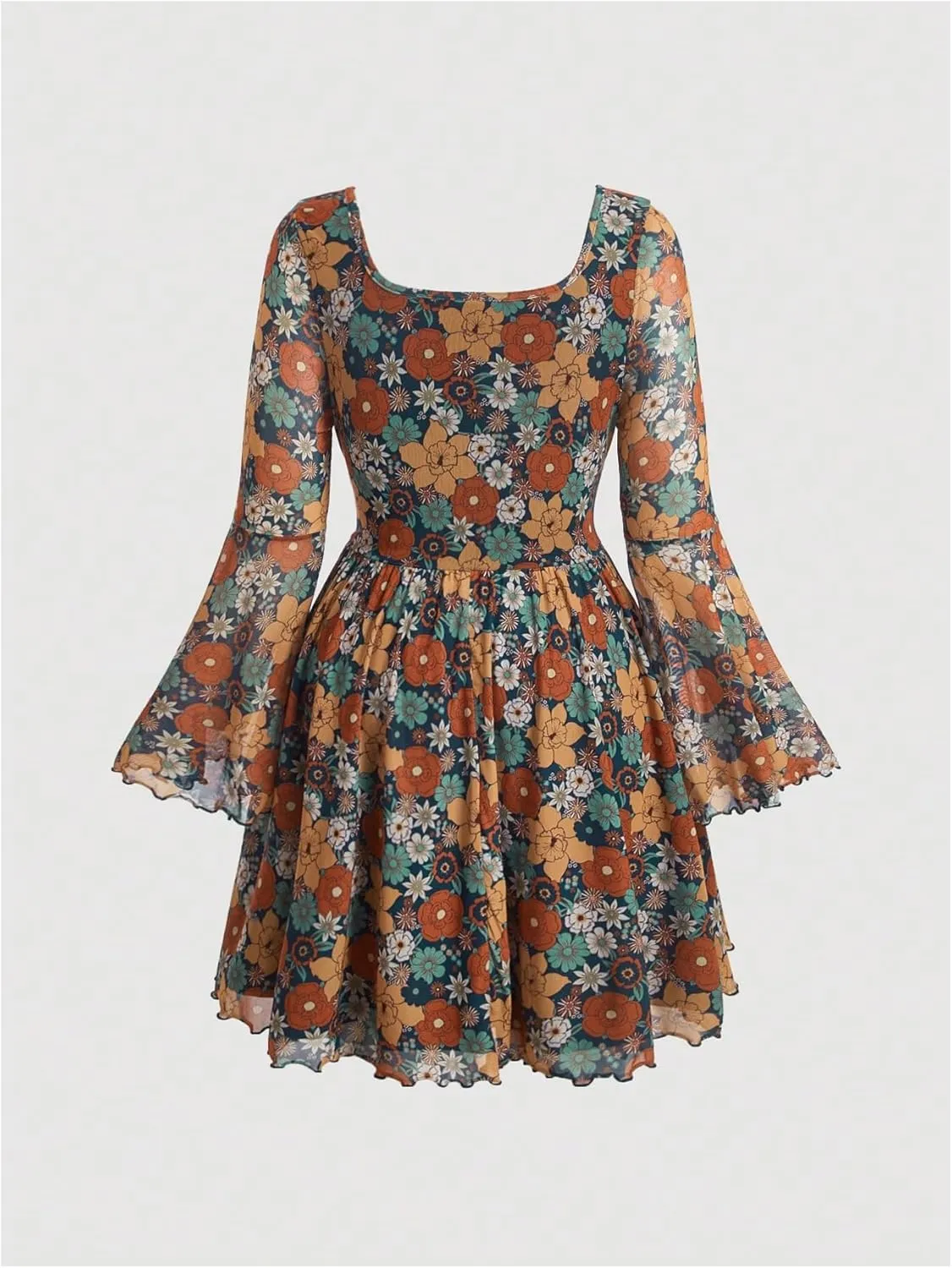 Women's Plus Size Floral Print Mesh Dress Ruffle Hem Boho Dress Ruched Long Bell Sleeve A Line Mini Dresses