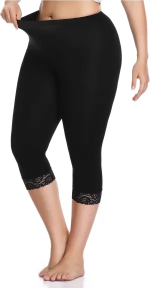 Women's Plus Size Lace Trim Capri Leggings Stretch Crop Leggings Soft Workout Yoga Tights Pants