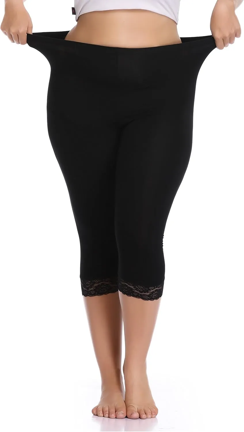 Women's Plus Size Lace Trim Capri Leggings Stretch Crop Leggings Soft Workout Yoga Tights Pants