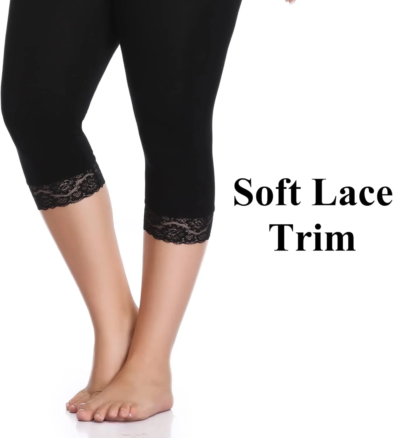Women's Plus Size Lace Trim Capri Leggings Stretch Crop Leggings Soft Workout Yoga Tights Pants