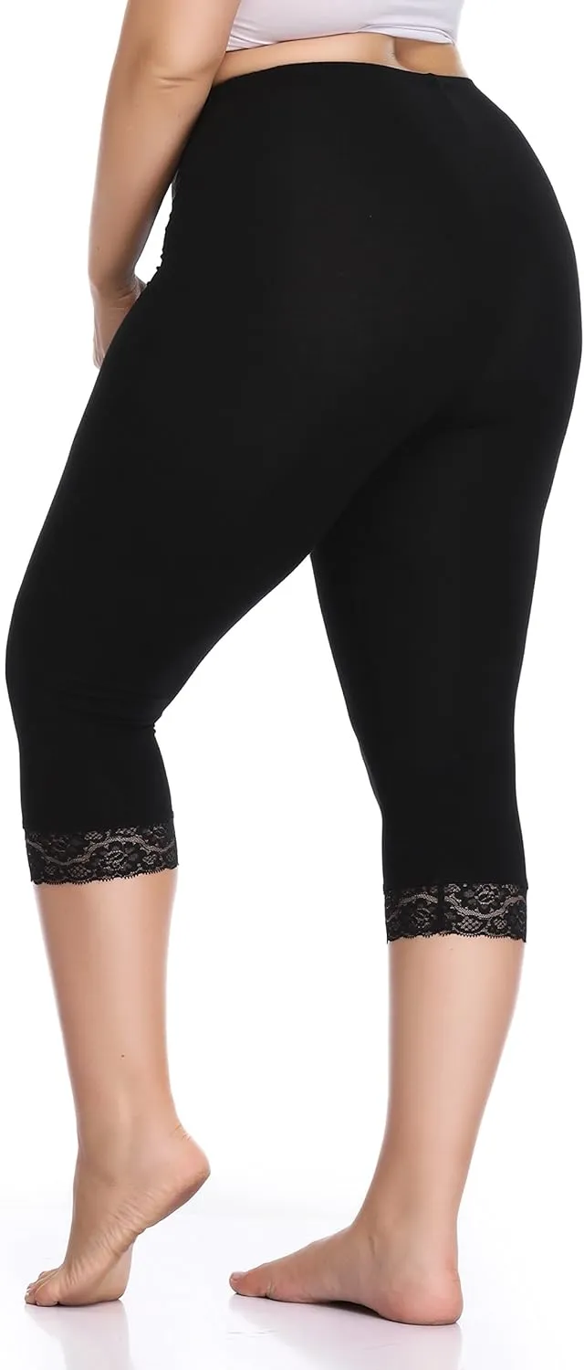Women's Plus Size Lace Trim Capri Leggings Stretch Crop Leggings Soft Workout Yoga Tights Pants