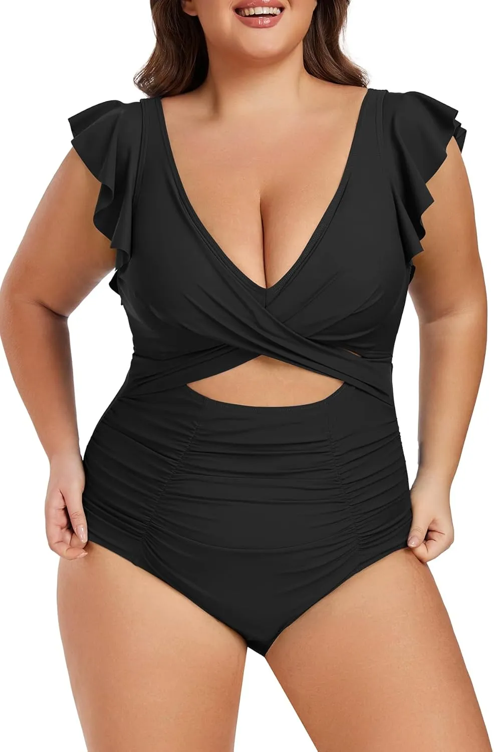 Women's Plus Size One Piece Swimsuit Tummy Control V Neck Bathing Suit Cutout Ruffle Swimwear