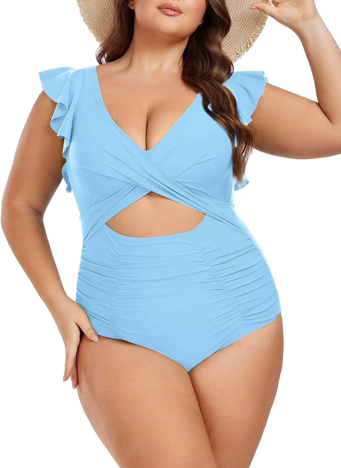 Women's Plus Size One Piece Swimsuit Tummy Control V Neck Bathing Suit Cutout Ruffle Swimwear