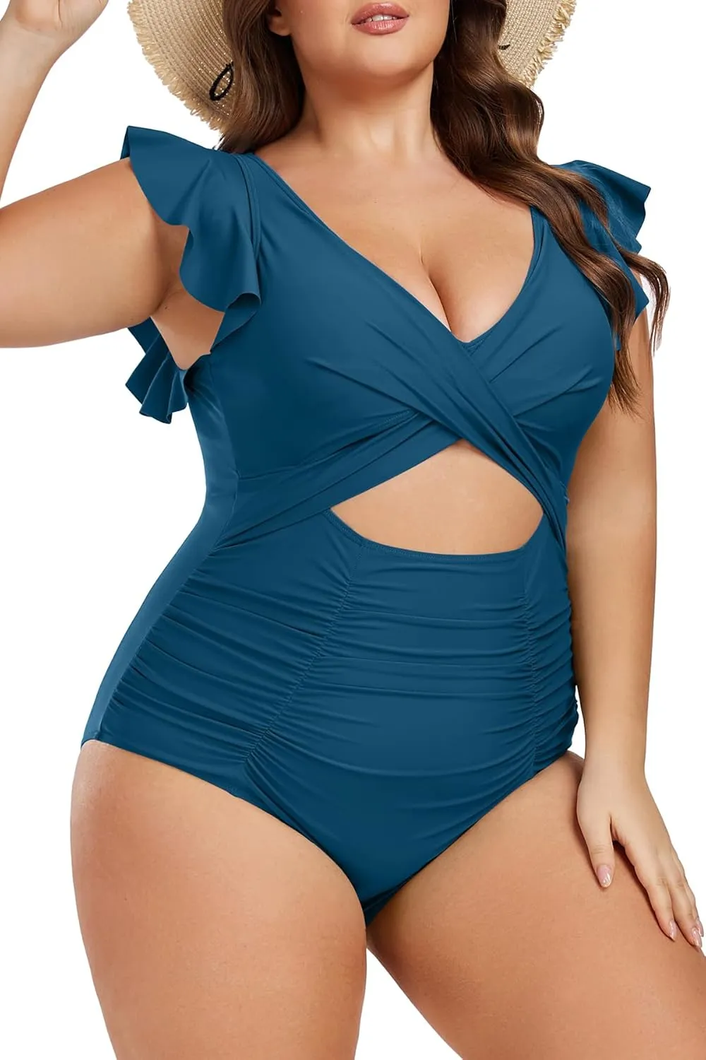 Women's Plus Size One Piece Swimsuit Tummy Control V Neck Bathing Suit Cutout Ruffle Swimwear