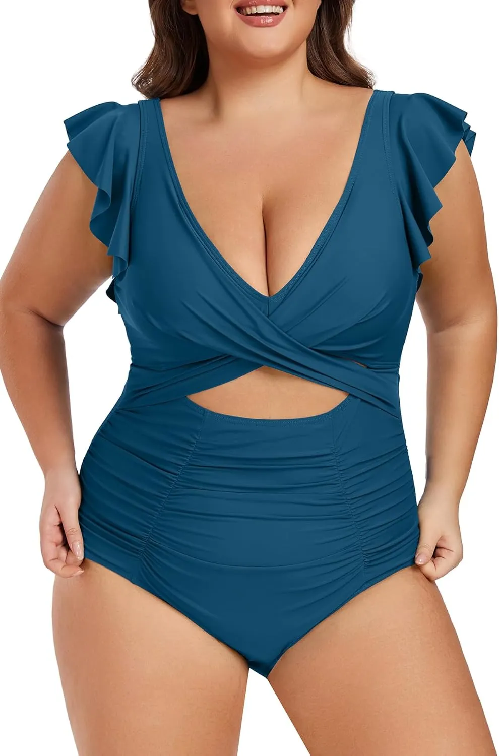 Women's Plus Size One Piece Swimsuit Tummy Control V Neck Bathing Suit Cutout Ruffle Swimwear
