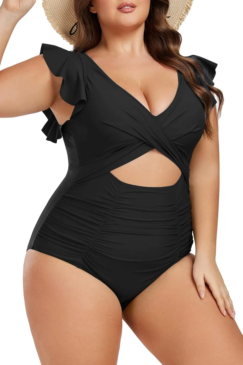 Women's Plus Size One Piece Swimsuit Tummy Control V Neck Bathing Suit Cutout Ruffle Swimwear