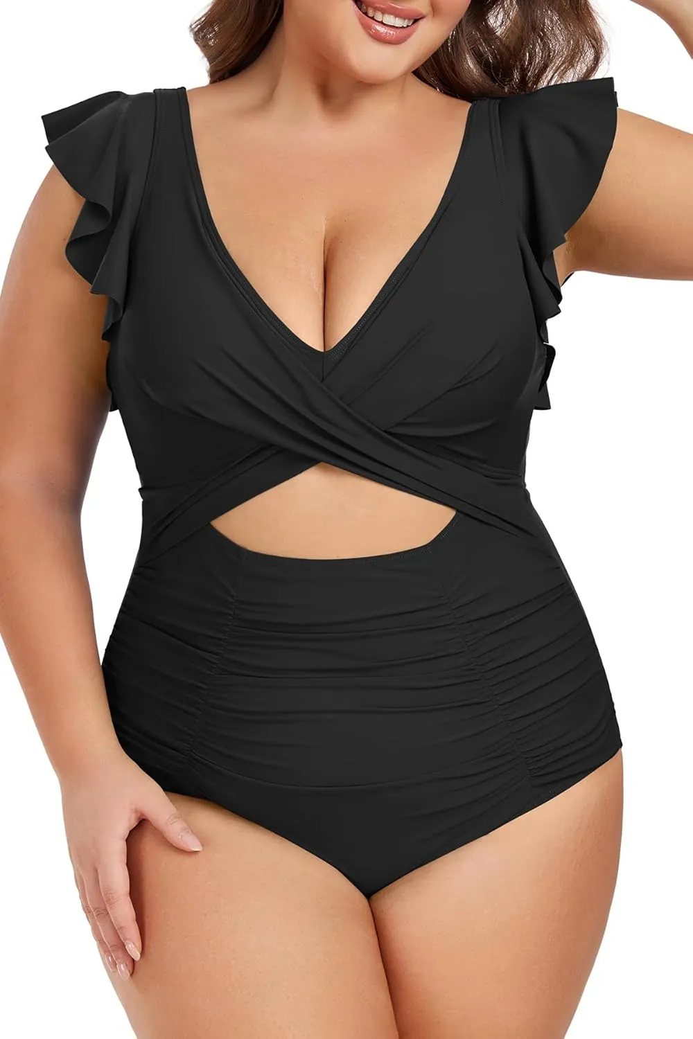 Women's Plus Size One Piece Swimsuit Tummy Control V Neck Bathing Suit Cutout Ruffle Swimwear