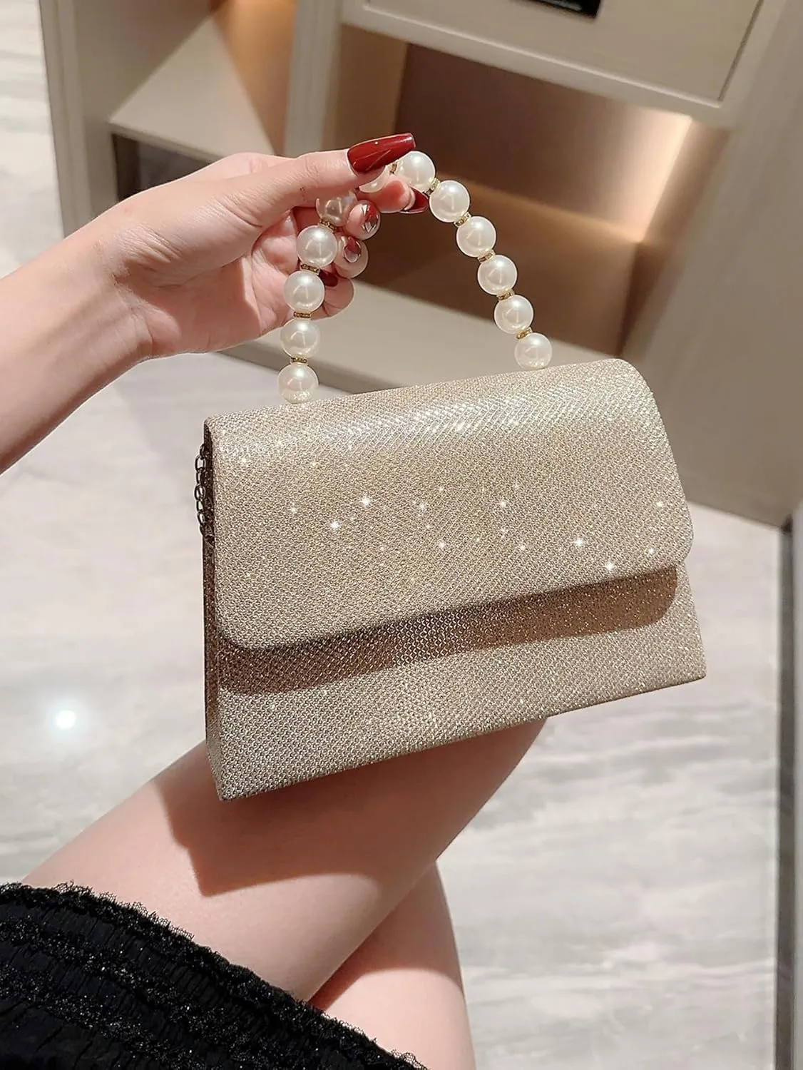 Women's Rhinestone Evening Bag Glitter Clutch Purses Crystal Pearl Party Handbags with Chain