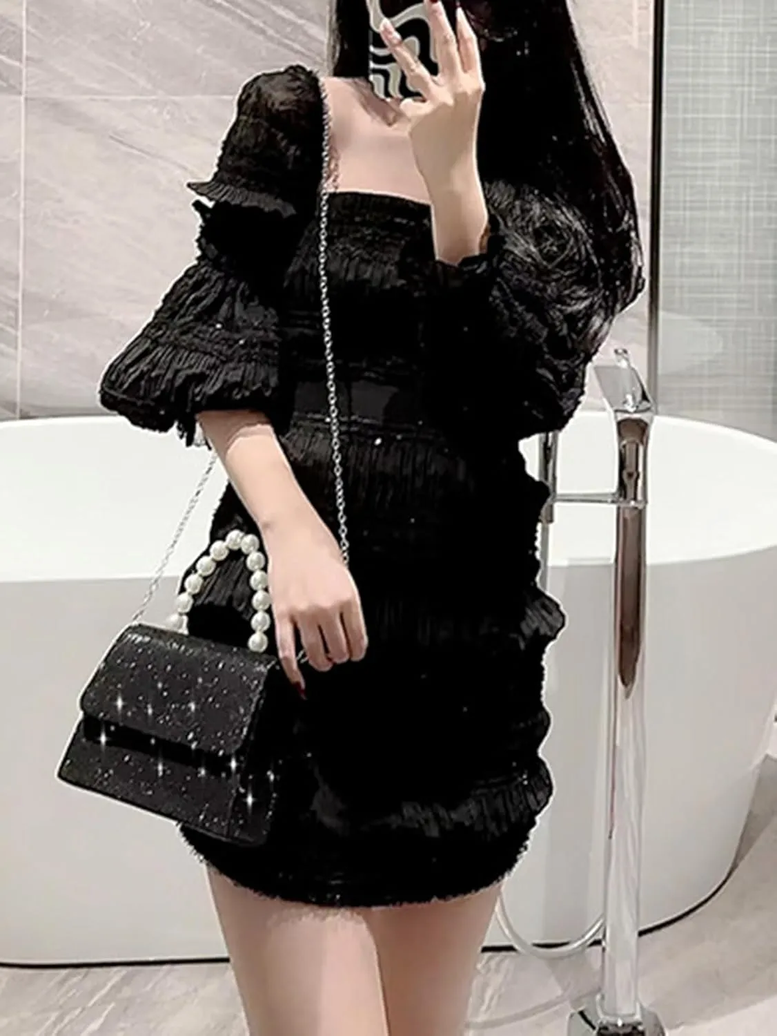 Women's Rhinestone Evening Bag Glitter Clutch Purses Crystal Pearl Party Handbags with Chain