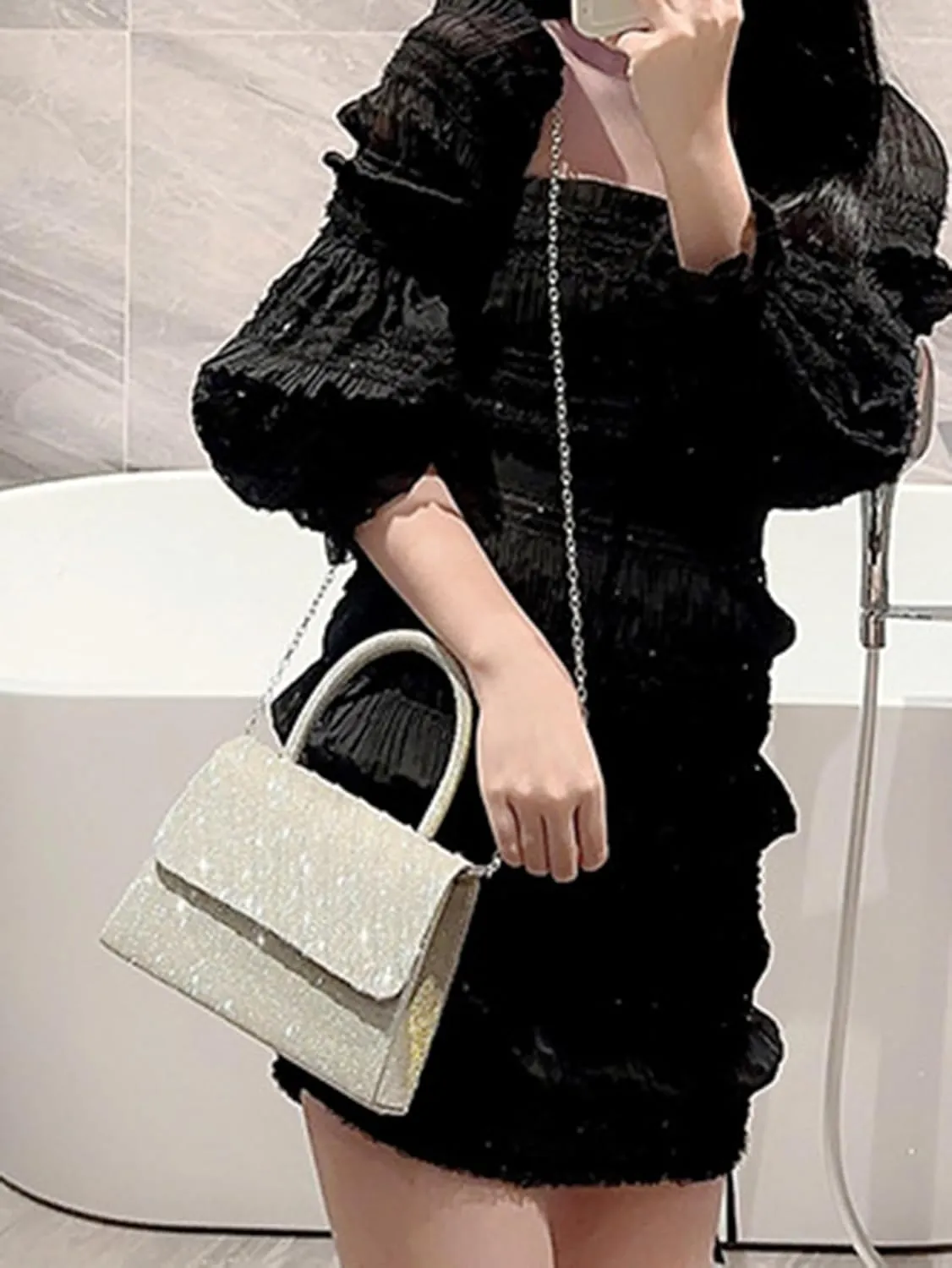 Women's Rhinestone Evening Bag Glitter Clutch Purses Crystal Pearl Party Handbags with Chain