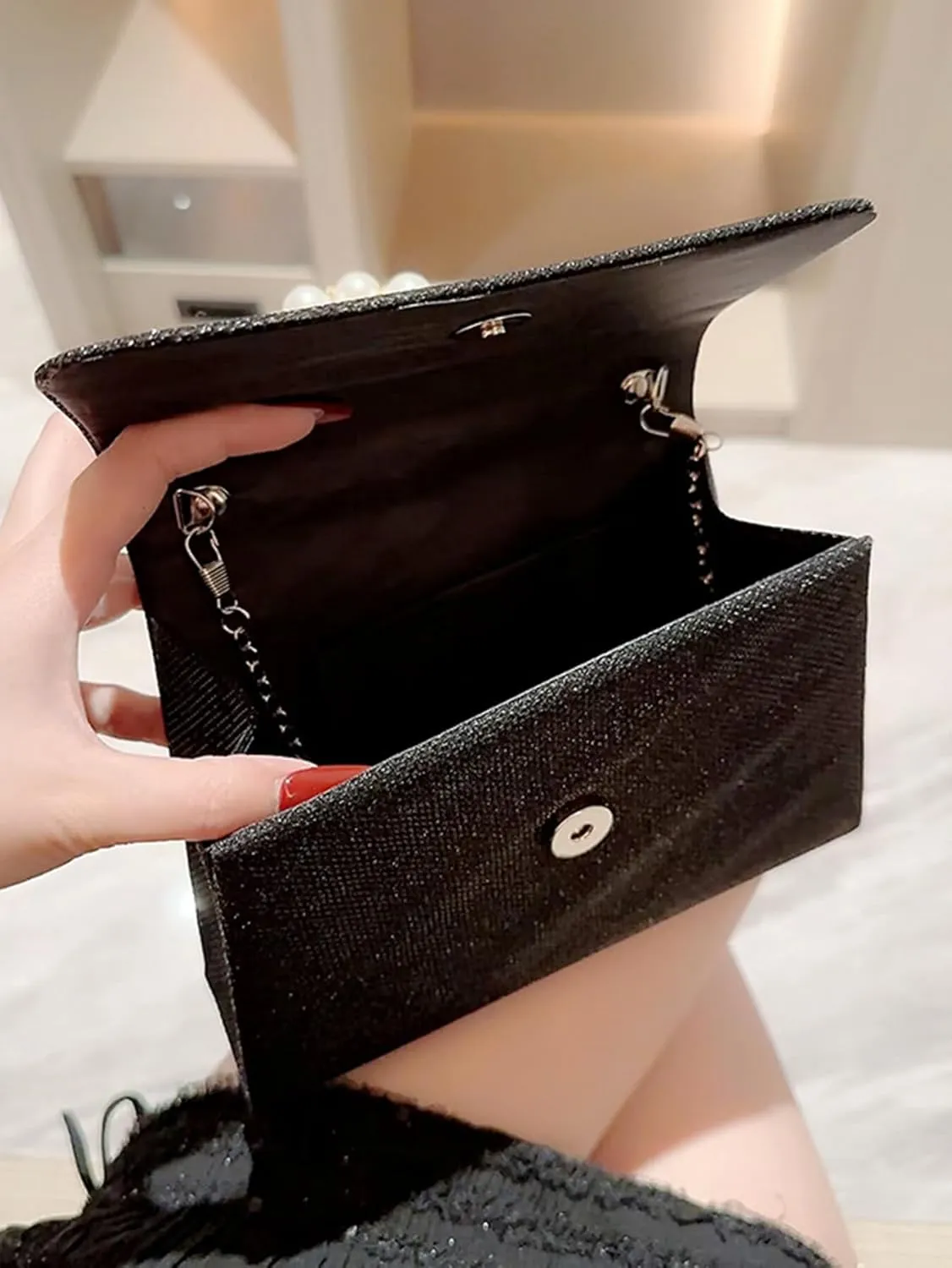 Women's Rhinestone Evening Bag Glitter Clutch Purses Crystal Pearl Party Handbags with Chain