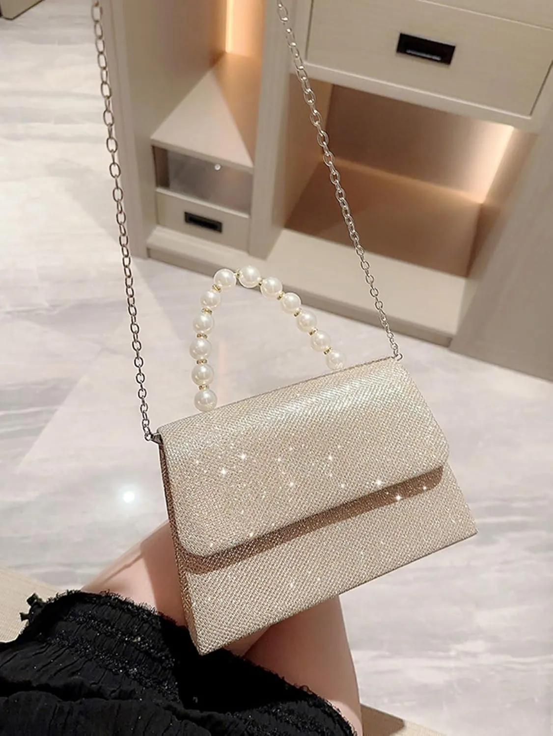 Women's Rhinestone Evening Bag Glitter Clutch Purses Crystal Pearl Party Handbags with Chain