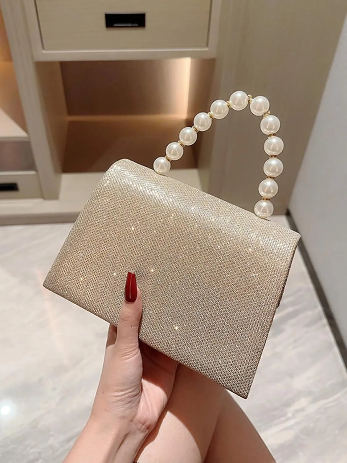 Women's Rhinestone Evening Bag Glitter Clutch Purses Crystal Pearl Party Handbags with Chain