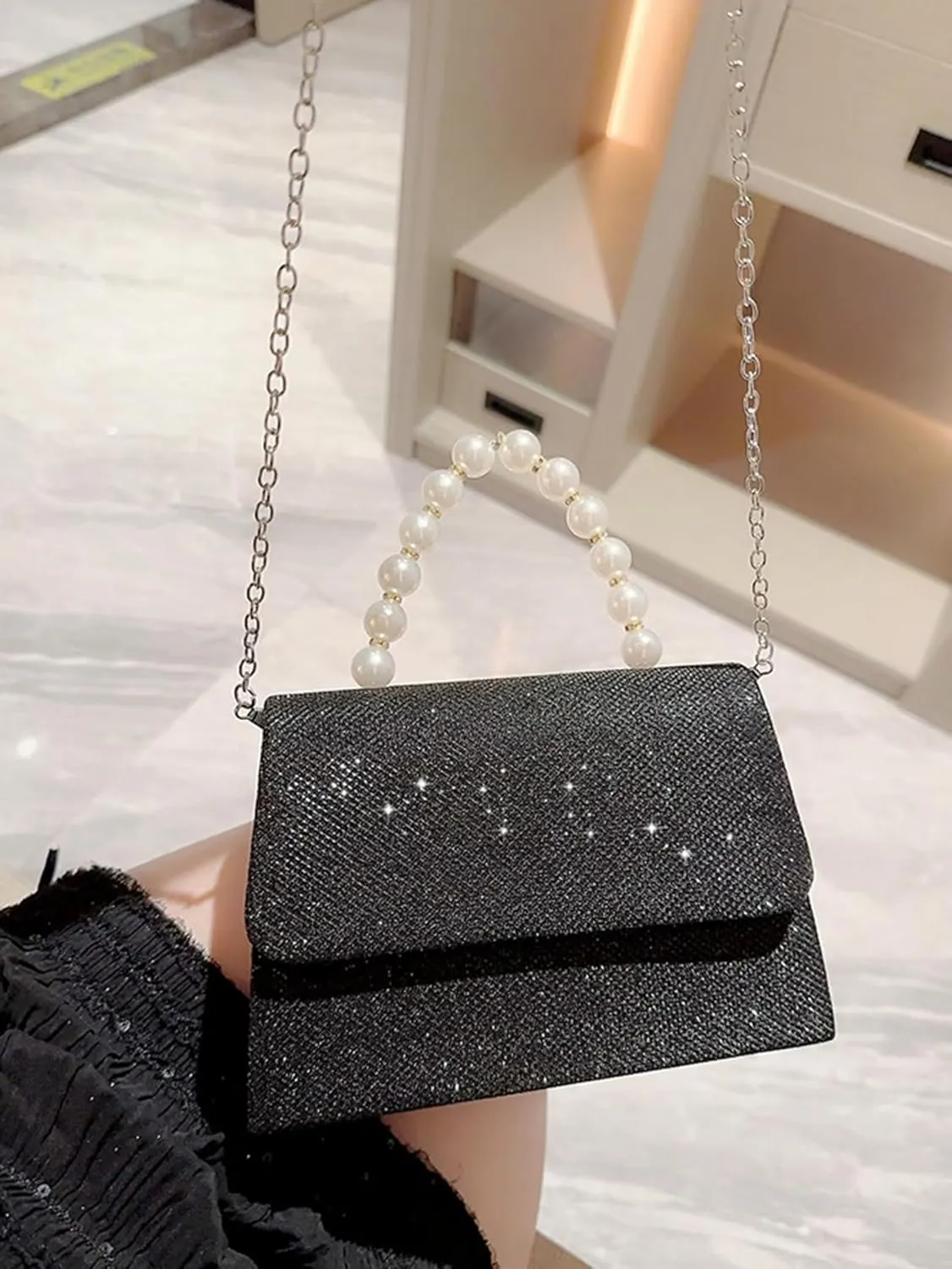 Women's Rhinestone Evening Bag Glitter Clutch Purses Crystal Pearl Party Handbags with Chain