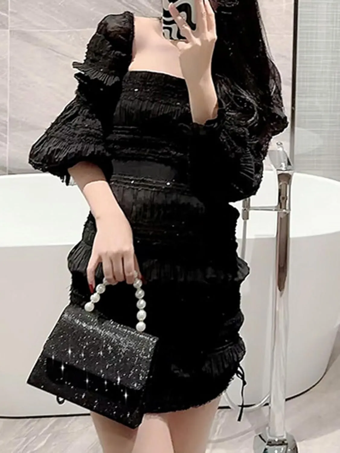 Women's Rhinestone Evening Bag Glitter Clutch Purses Crystal Pearl Party Handbags with Chain