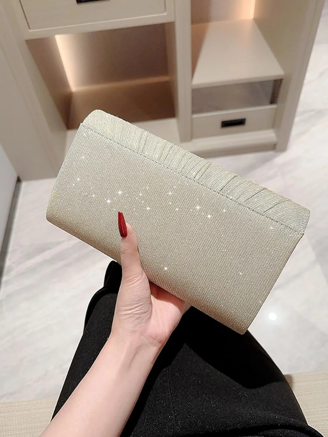 Women's Rhinestone Evening Bag Purse Glitter Clutch Crystal Pearl Party Handbag with Chain