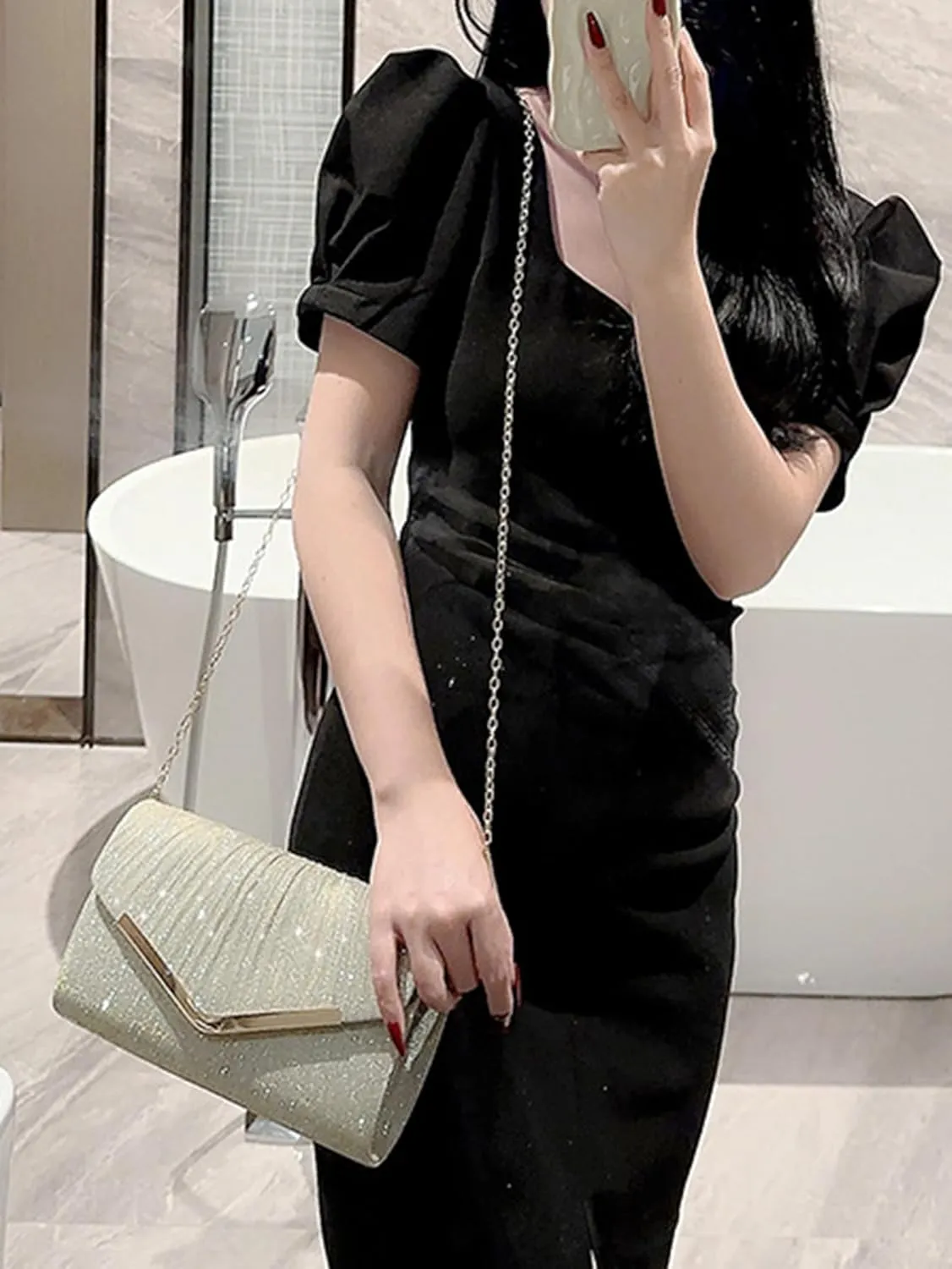 Women's Rhinestone Evening Bag Purse Glitter Clutch Crystal Pearl Party Handbag with Chain