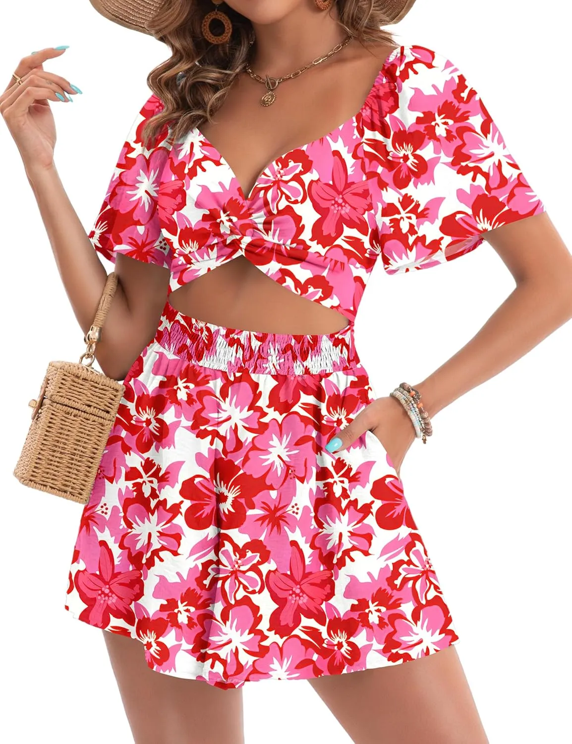 Womens Romper Summer Sexy V Neck Twist Puff Short Sleeve Casual Spring Mini Short Romper Jumpsuit