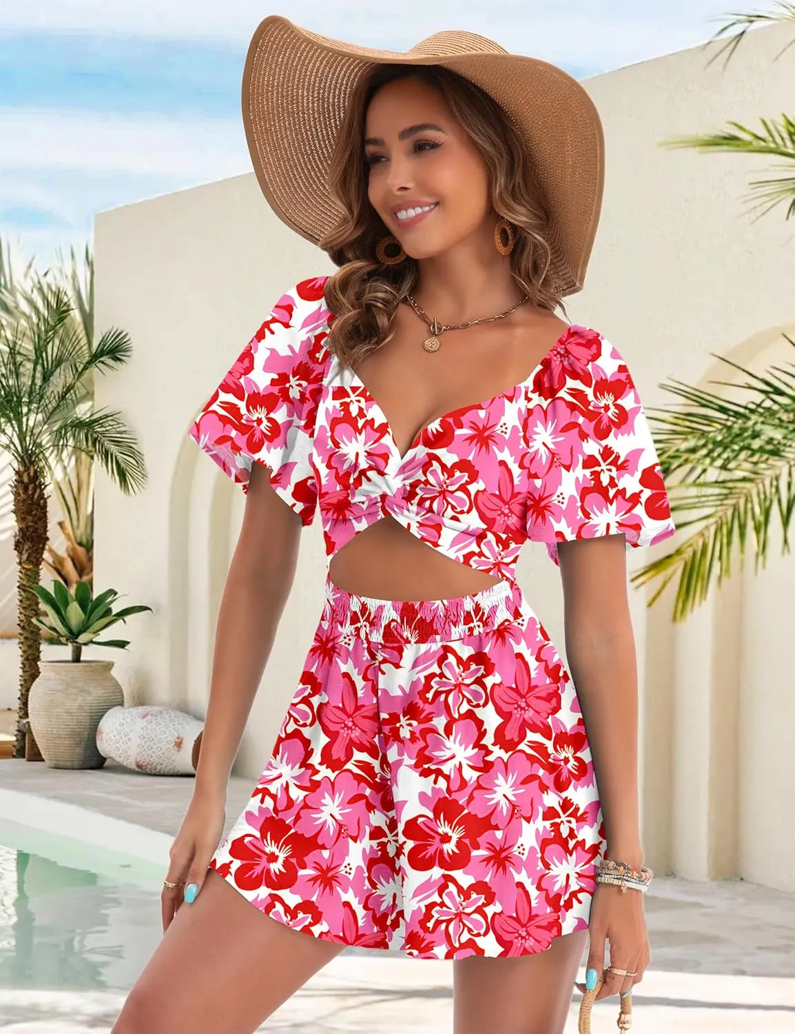 Womens Romper Summer Sexy V Neck Twist Puff Short Sleeve Casual Spring Mini Short Romper Jumpsuit