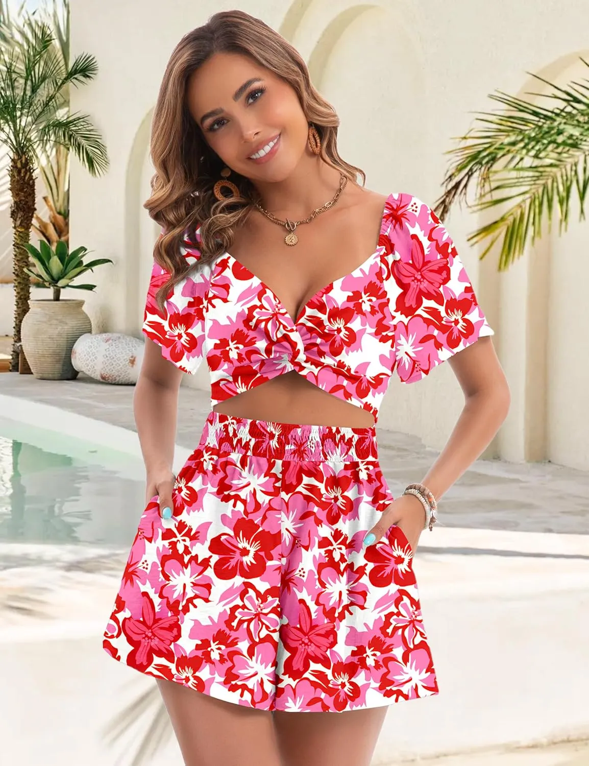 Womens Romper Summer Sexy V Neck Twist Puff Short Sleeve Casual Spring Mini Short Romper Jumpsuit