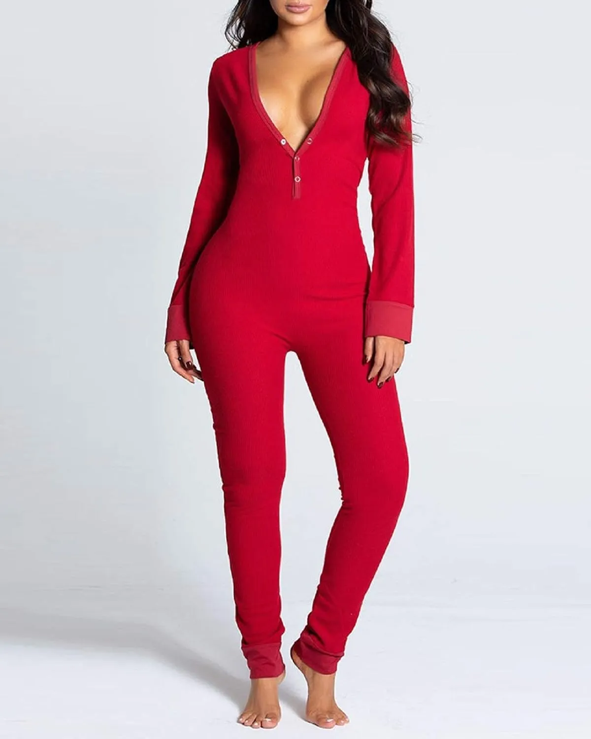 Women's Sexy Butt Button Back Flap Jumpsuit V Neck Long Sleeve Romper Bodycon Pajamas One Piece