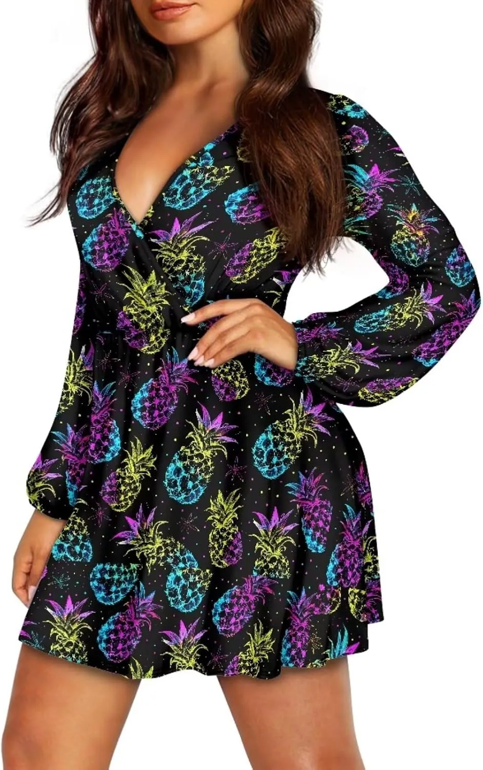 Womens Sexy Long Sleeve V Neck Dress Casual Mini Dress Skater Dresses