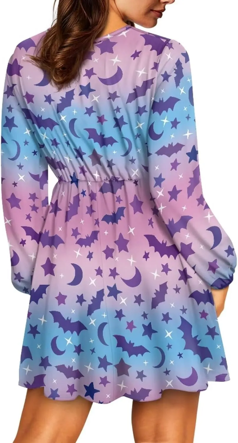 Womens Sexy Long Sleeve V Neck Dress Casual Mini Dress Skater Dresses