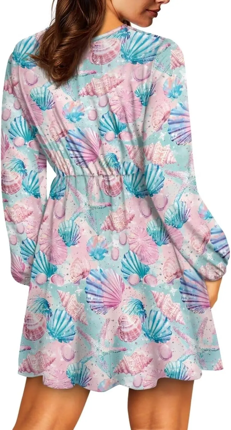 Womens Sexy Long Sleeve V Neck Dress Casual Mini Dress Skater Dresses