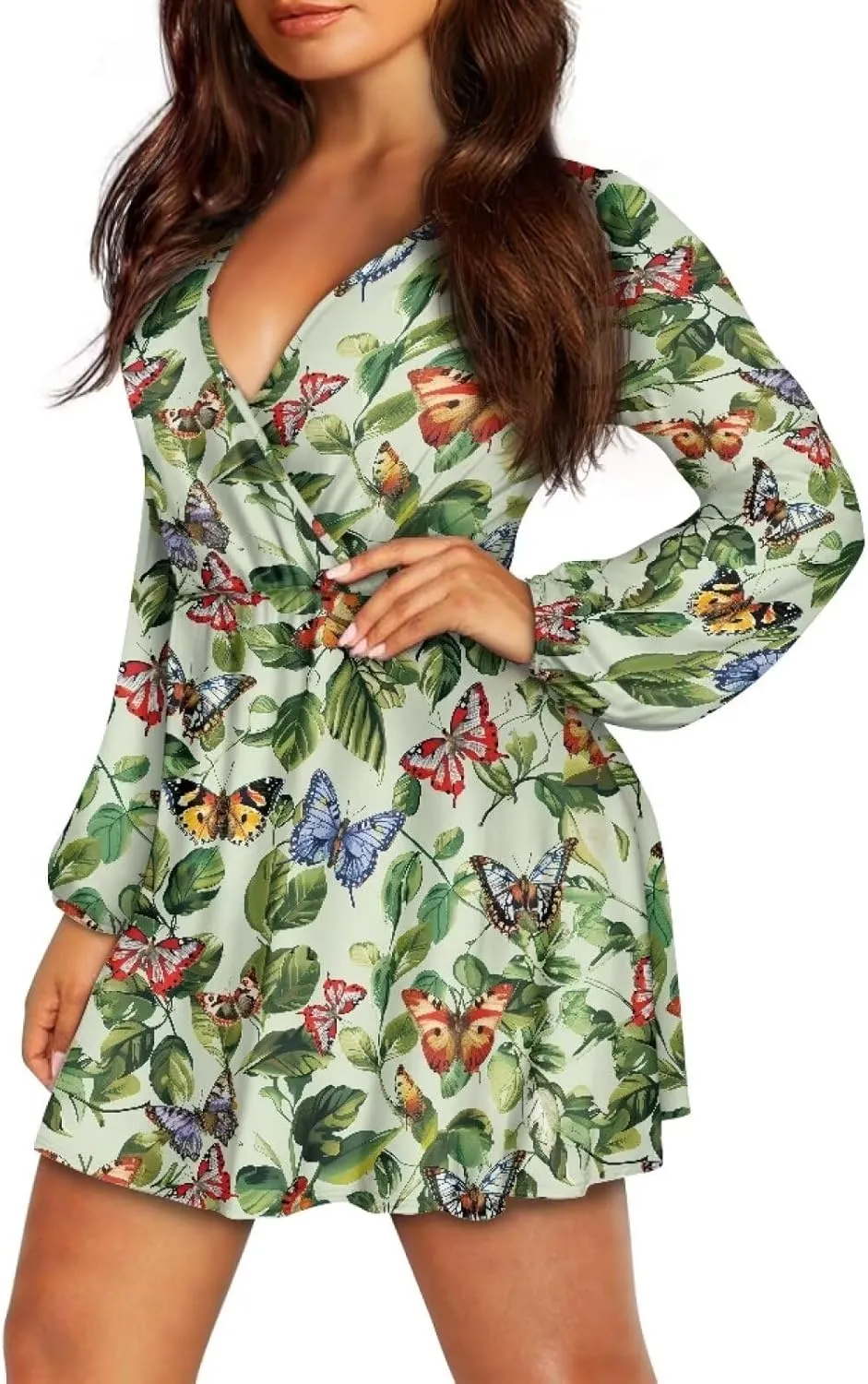 Womens Sexy Long Sleeve V Neck Dress Casual Mini Dress Skater Dresses