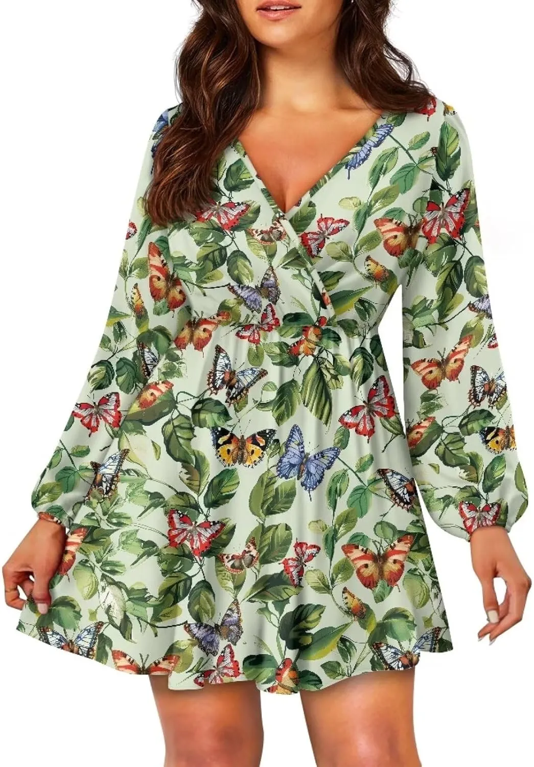 Womens Sexy Long Sleeve V Neck Dress Casual Mini Dress Skater Dresses