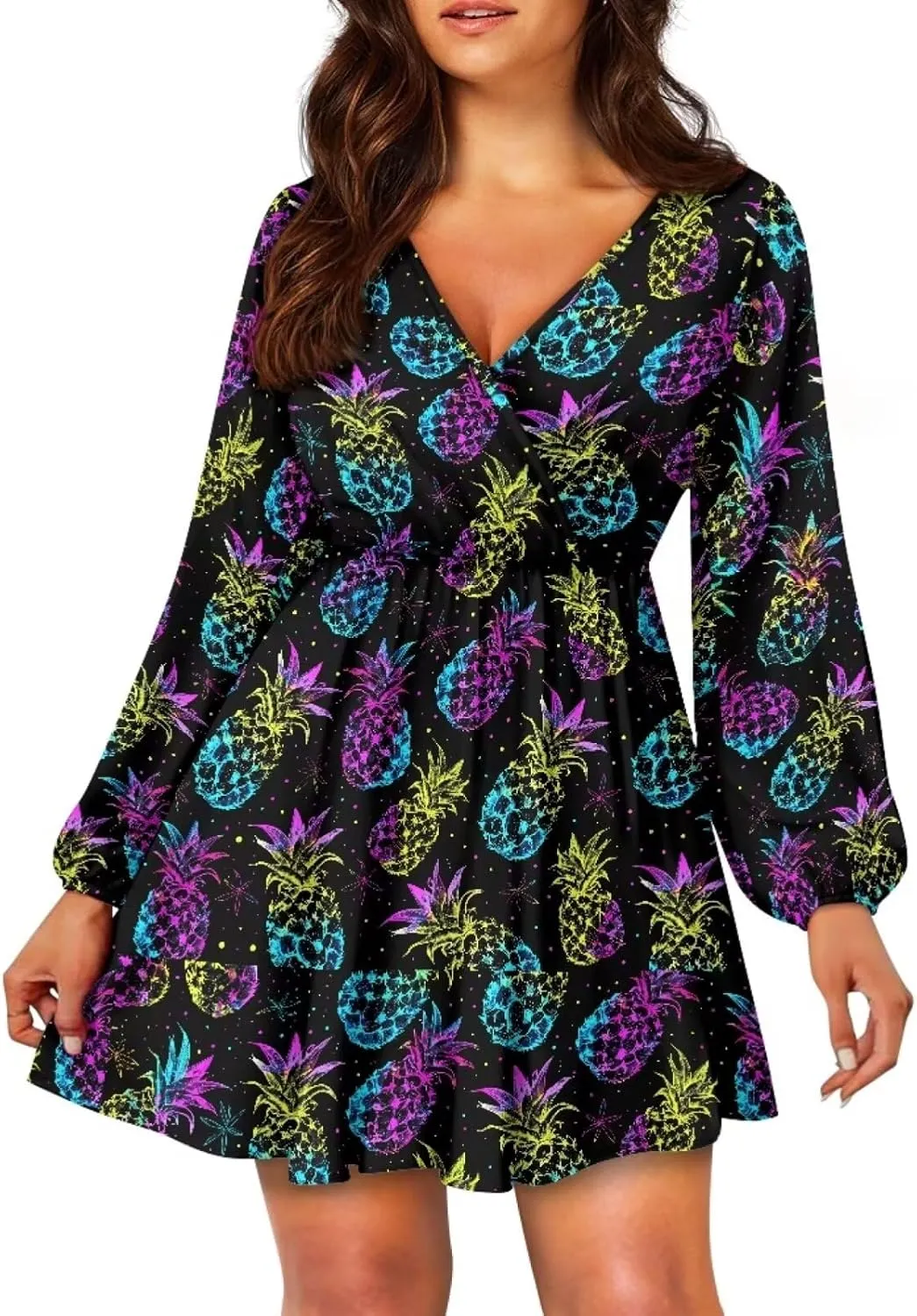 Womens Sexy Long Sleeve V Neck Dress Casual Mini Dress Skater Dresses