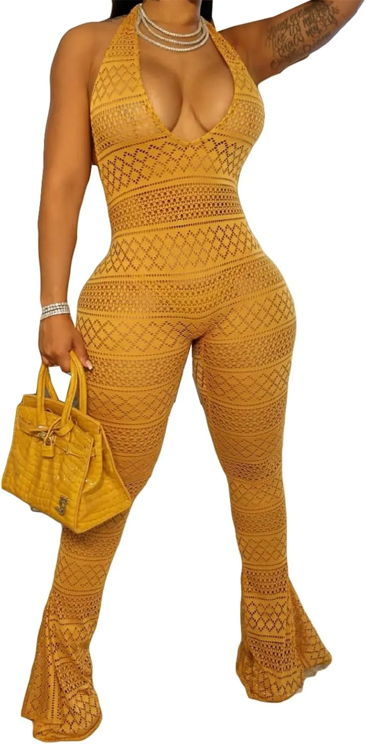 Women's Sexy Sleeveless Deep V Neck Halter Lace Bodycon Wide Leg Cocktail Party Rompers Jumpsuit