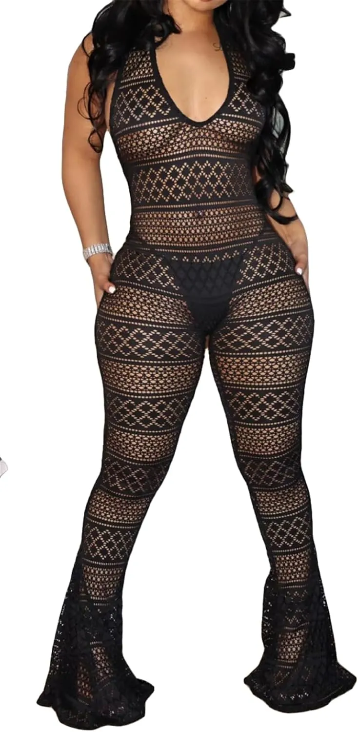 Women's Sexy Sleeveless Deep V Neck Halter Lace Bodycon Wide Leg Cocktail Party Rompers Jumpsuit