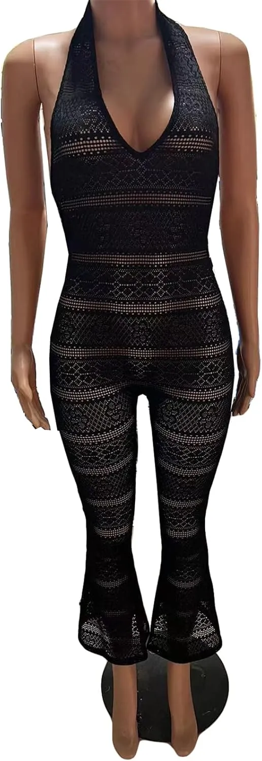Women's Sexy Sleeveless Deep V Neck Halter Lace Bodycon Wide Leg Cocktail Party Rompers Jumpsuit