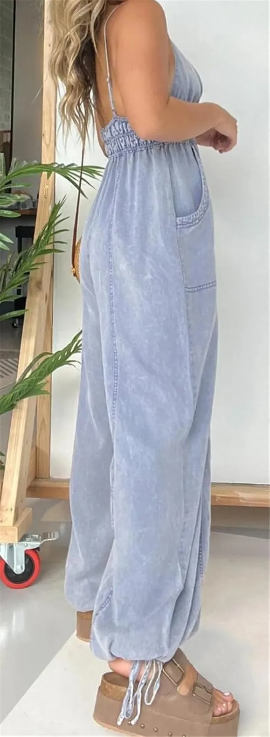 Women's Sexy Sleeveless Deep V Neck Lightweight Washed Denim Bodycon Cocktail Party Rompers Jumpsuit