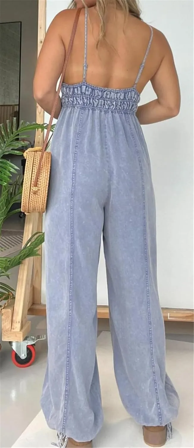 Women's Sexy Sleeveless Deep V Neck Lightweight Washed Denim Bodycon Cocktail Party Rompers Jumpsuit