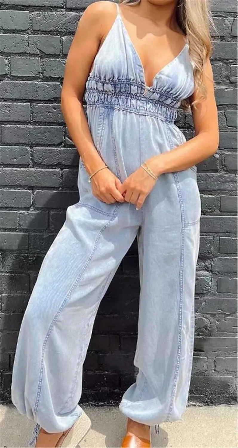 Women's Sexy Sleeveless Deep V Neck Lightweight Washed Denim Bodycon Cocktail Party Rompers Jumpsuit