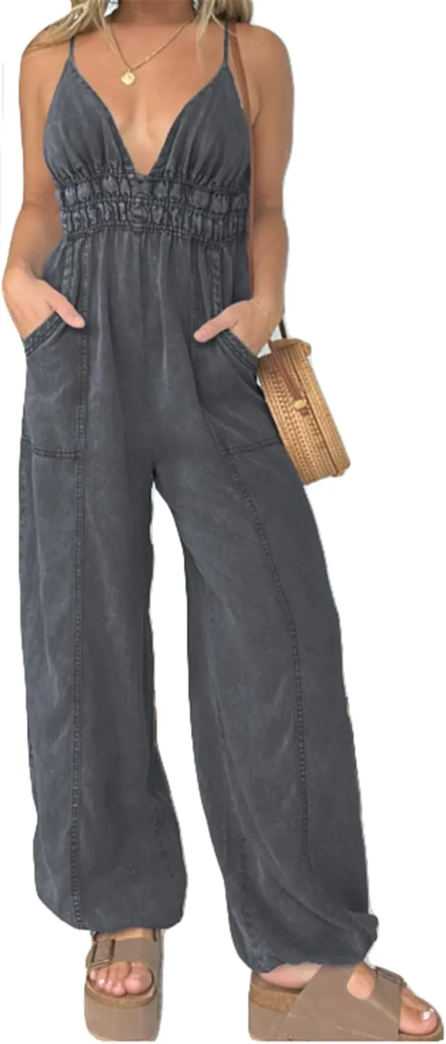 Women's Sexy Sleeveless Deep V Neck Lightweight Washed Denim Bodycon Cocktail Party Rompers Jumpsuit