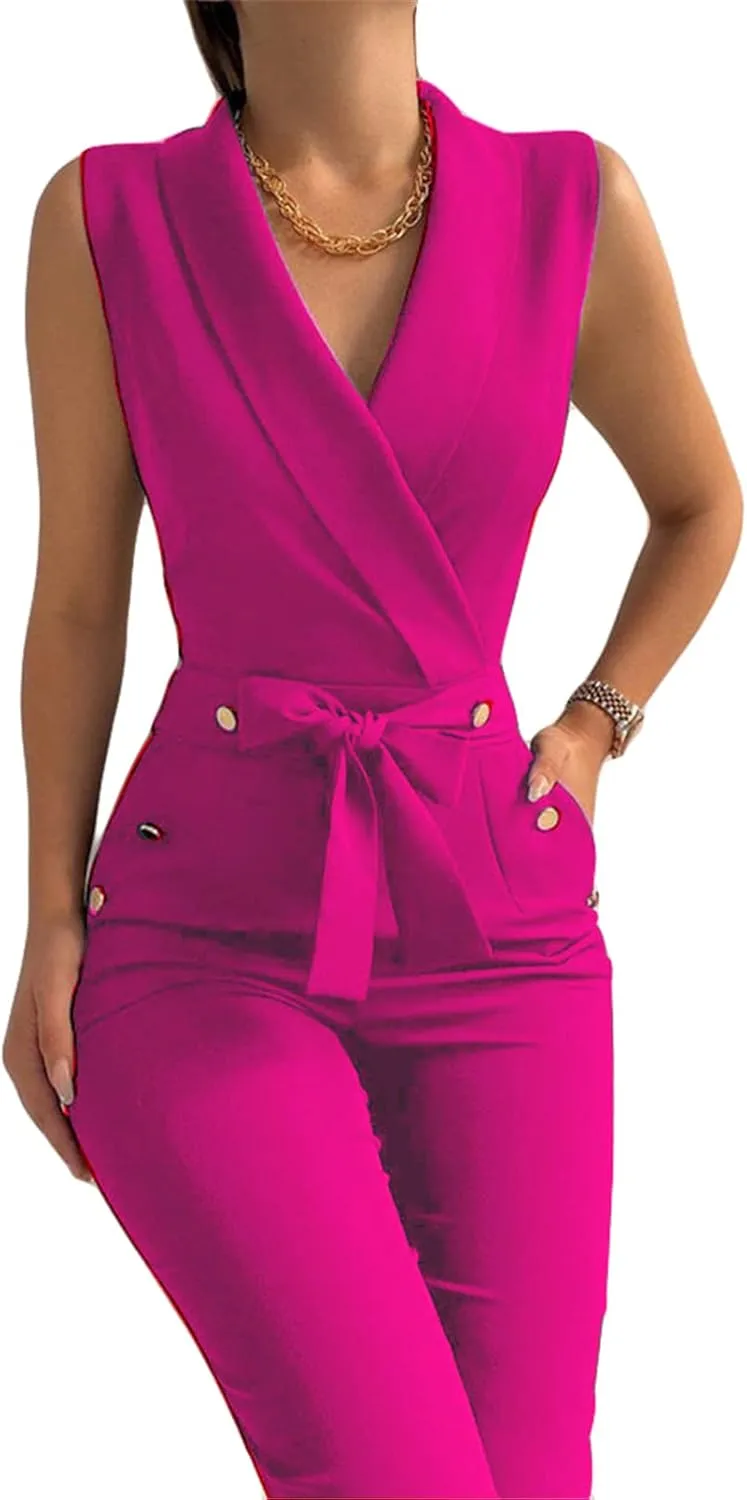 Womens Sexy Sleeveless V Neck Double Breasted Bodycon Party Clubwear Business Suit Jumpsuit Rompers
