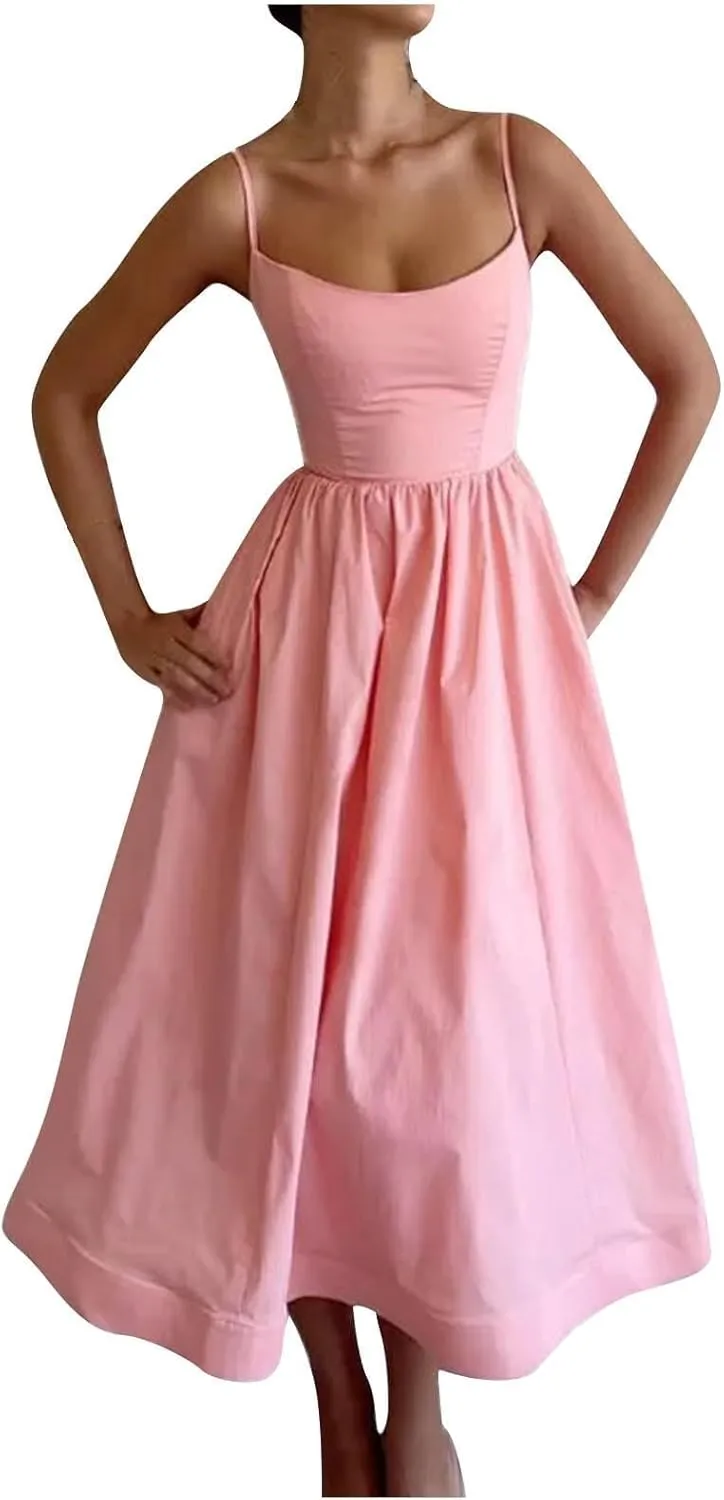 Women's Sexy U-Neck Sundress with Gathered Skirt Sleeveless Casual Summer Dress Lightweight Spaghetti Strap Clothing