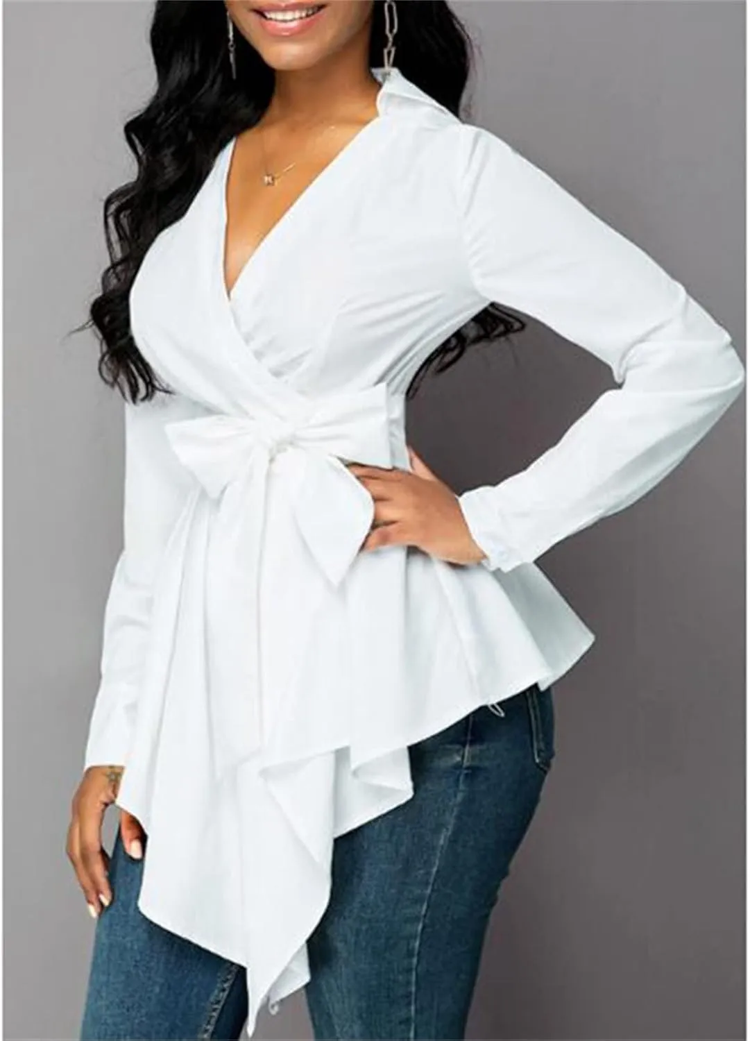 Womens Sexy V Neck Long Baggy Sleeve Tie Waist Ruffle Hem Flowy Swing Blouse Solid Color Lapel Mini Short Wrap Dress