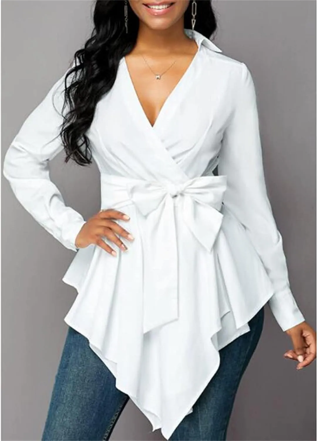 Womens Sexy V Neck Long Baggy Sleeve Tie Waist Ruffle Hem Flowy Swing Blouse Solid Color Lapel Mini Short Wrap Dress
