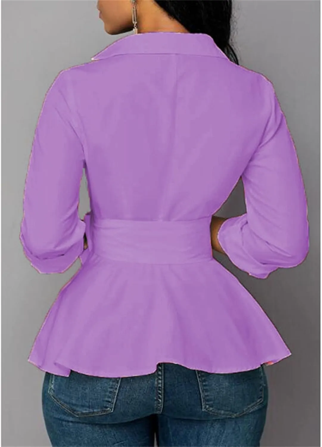 Womens Sexy V Neck Long Baggy Sleeve Tie Waist Ruffle Hem Flowy Swing Blouse Solid Color Lapel Mini Short Wrap Dress