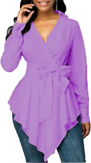 Womens Sexy V Neck Long Baggy Sleeve Tie Waist Ruffle Hem Flowy Swing Blouse Solid Color Lapel Mini Short Wrap Dress