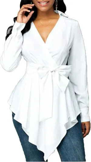 Womens Sexy V Neck Long Baggy Sleeve Tie Waist Ruffle Hem Flowy Swing Blouse Solid Color Lapel Mini Short Wrap Dress