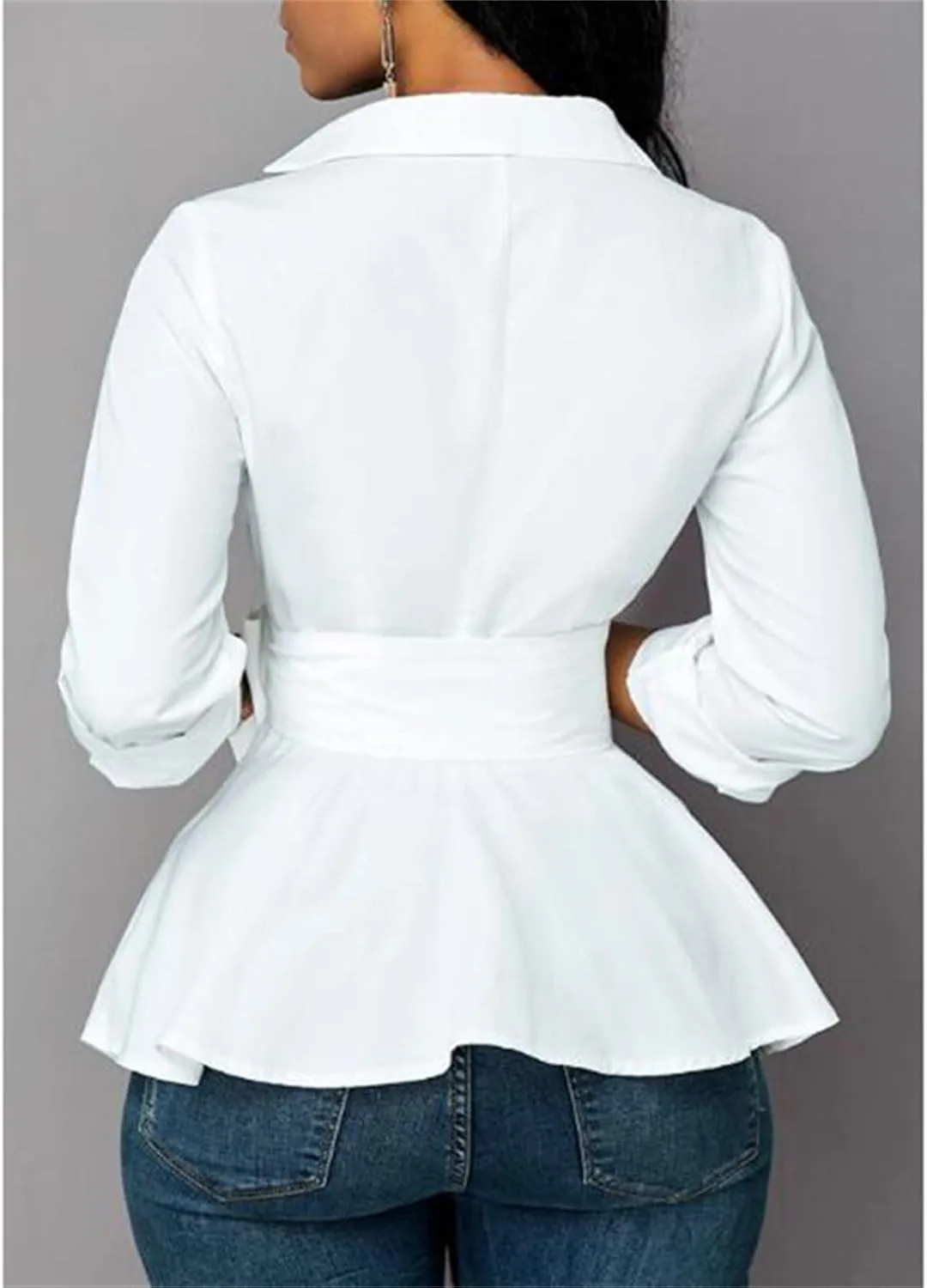 Womens Sexy V Neck Long Baggy Sleeve Tie Waist Ruffle Hem Flowy Swing Blouse Solid Color Lapel Mini Short Wrap Dress