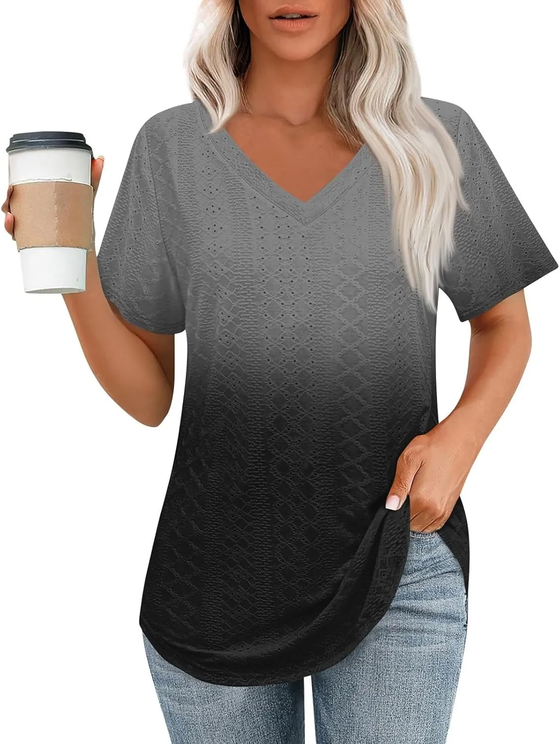Womens Shirts V Neck Short Sleeve Casual Summer Tops Loose Fit Basic Tees with Curved Hem Trendy 2025