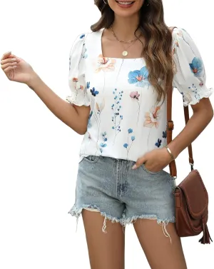 Womens Square Neck Puff Sleeve Top Short Sleeve Casual Smocked Cuff Blouse for Summer Outfits Tee Shirts